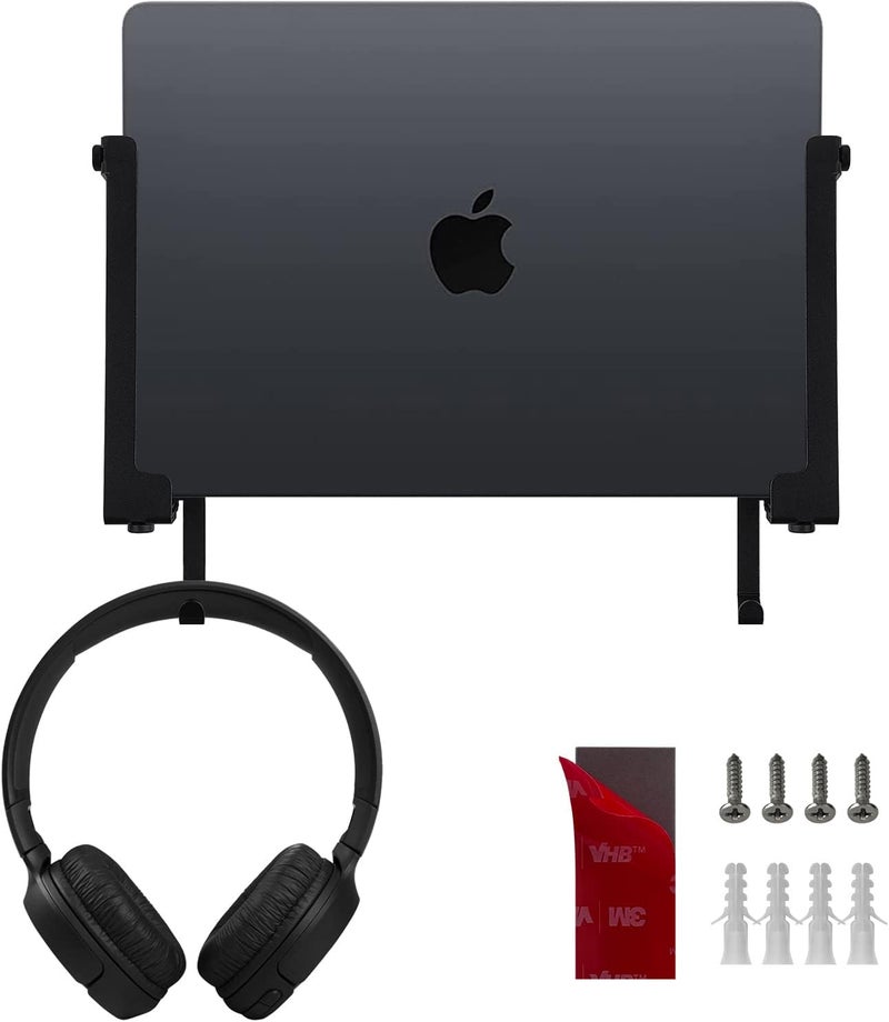 IFCASE Aluminum Wall Laptop Mount Holder for MacBook Air, Pro, Surface, iPad, Tablets, Cell Phones with Headphone Hook, Anti-Scratch Pads, Adhesive & Screws (Black) - Image 1